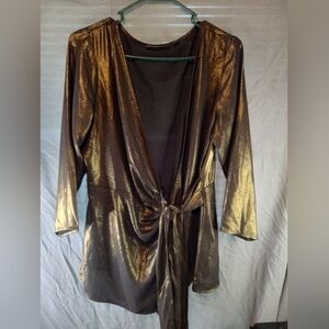 New York Company Metallic Gold Tie-Front Blouse